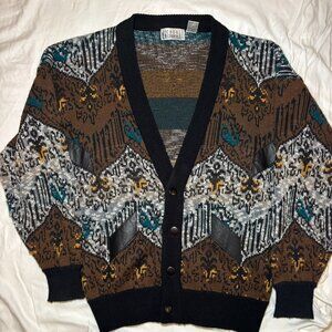 Vintage City Streets Button Cardigan, M, Aztec Geometric Leather Accent, Grandpa
